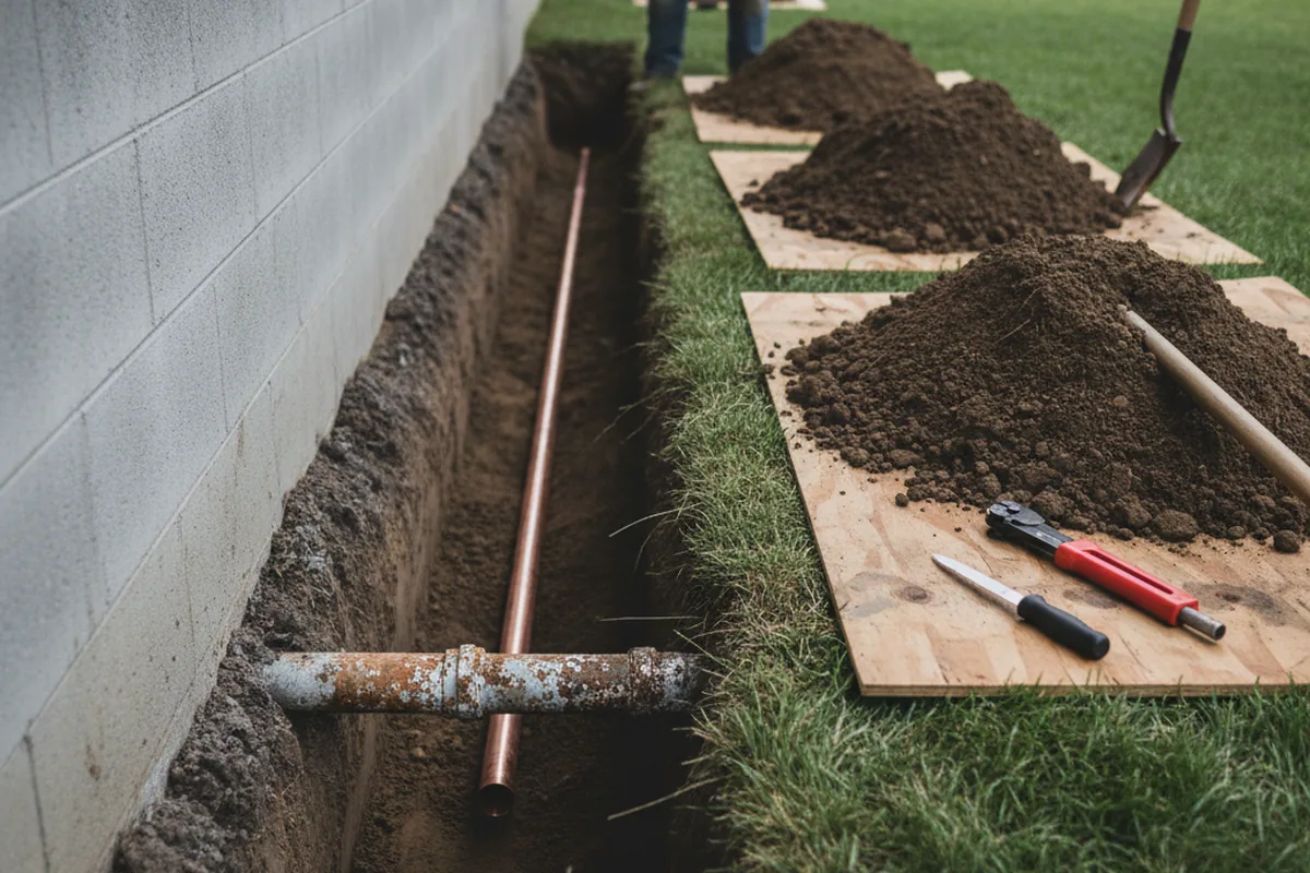 Excavated water line trench during Water Softener Installation in Kempton